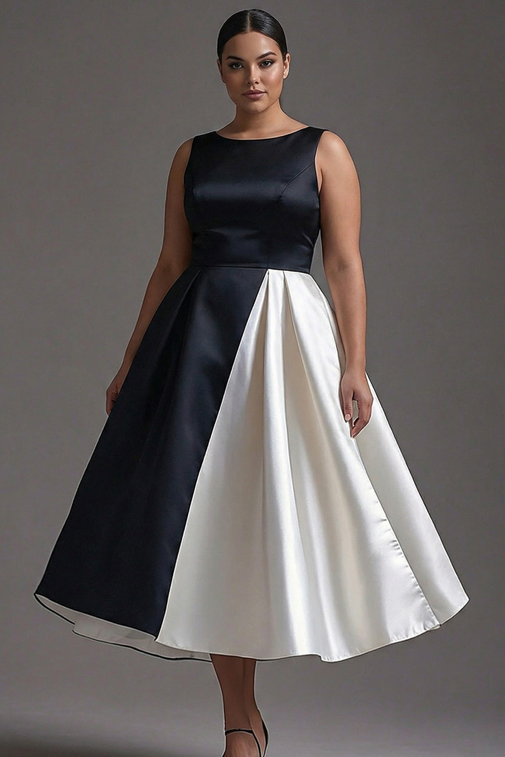 Zapaka Women Plus Size Black Tie Dress A Line Boat Neck Satin Tea Length Formal Dress, Black White / US12 Zapaka Women Plus Size Black Tie Dress A Line Boat Neck Satin Tea Length Formal Dress, Black White / US12