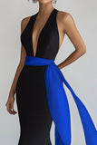 Deep V-Neck Mermaid Satin Black Tie Dress with Blue Sash