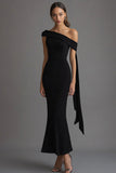 Crepe One Shoulder Sheath Black Tie Dress