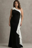 Plus Size One Shoulder Ruffled Mermaid Long Black Tie Dress with 3D Flower