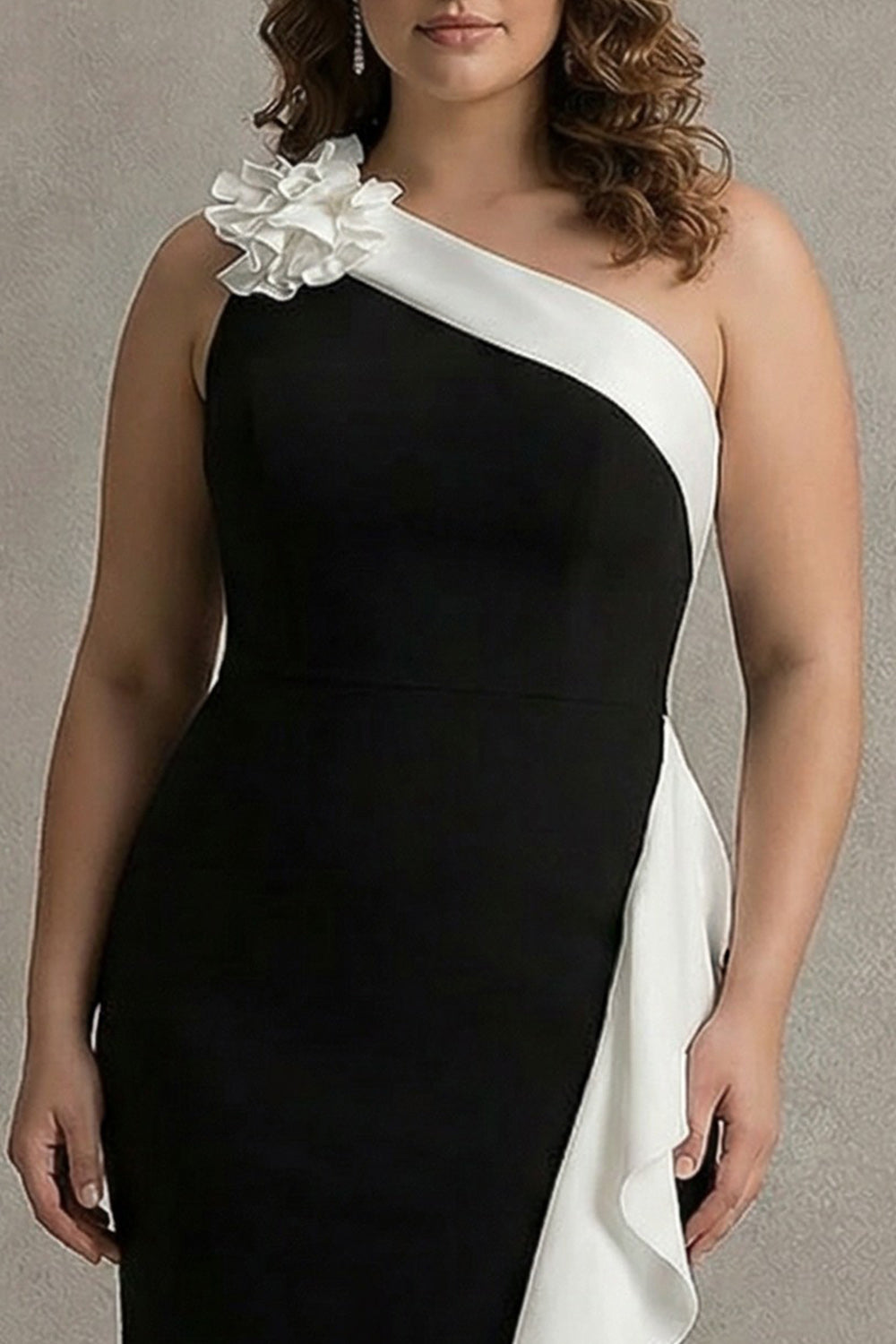 Zapaka Women Plus Size Mermaid Black Tie Dress One Shoulder Ruffled Long Formal Dress with 3D Flower, Black White / US10 Zapaka Women Plus Size Mermaid Black Tie Dress One Shoulder Ruffled Long Formal Dress with 3D Flower, Black White / US10