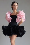 A Line Ruffles Short Sleeves Short Little Black Dress