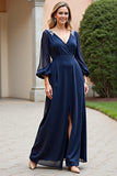 A Line Navy V-Neck Chiffon Mother of the Bride Dress with Long Sleeves