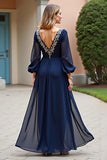 A Line Navy V-Neck Chiffon Mother of the Bride Dress with Long Sleeves