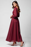 A Line Burgundy Chiffon Mother of the Bride Dress with Long Sleeves