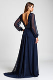 A Line Navy Sequined Chiffon Mother of the Bride Dress with Long Sleeves