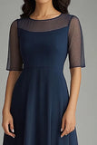 Navy A Line Chiffon Midi Mother of the Bride Dress