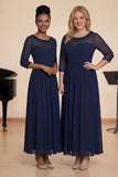 Navy Beaded A Line Boat Neck Long Choir Dress with Half Sleeves