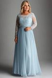 Sky Blue Lace Long Sleeve Plus Size Mother of the Bride Dress