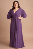 Plum Plus Size Chiffon A Line V Neck Mother of the Bride Dress with Puff Sleeves