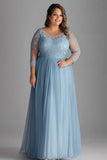 Sky Blue Lace Long Sleeve A Line Plus Size Mother of the Bride Dress