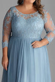 Sky Blue Lace Long Sleeve A Line Plus Size Mother of the Bride Dress