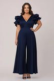 Ruffled V Neck Navy Plus Size Mother of the Bride Outfit