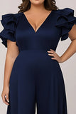 Ruffled V Neck Navy Plus Size Mother of the Bride Outfit