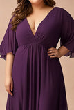 Dark Purple V Neck Plus Size Mother of the Bride Dress with Flutter Sleeves