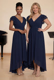 Navy Chiffon A-Line V-Neck Choir Dress with Flutter Sleeves