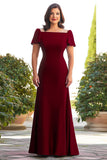 Burgundy Sheath Square Neck Long Mother of the Bride Dress with Sleeves