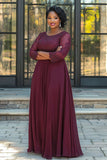 Sparkly Burgundy A-Line Scoop Chiffon Long Sleeves Mother of the Bride Dress with Beading