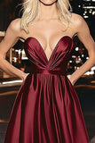 Burgundy Satin Strapless Ruched A-Line Long Prom Dress