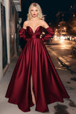 Burgundy Satin Strapless Ruched A-Line Long Prom Dress with Slit