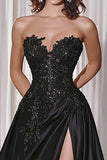 Black A-Line Satin Sweetheart Long Prom Dress with Lace Appliques