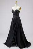Black A-Line Satin Sweetheart Long Prom Dress with Lace Appliques