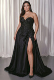 Black Sweetheart A-Line Satin Long Plus Size Prom Dress with Slit