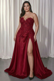 Black Sweetheart A-Line Satin Long Plus Size Prom Dress with Slit