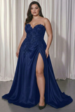 Black Sweetheart A-Line Satin Long Plus Size Prom Dress with Slit