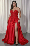 Black Sweetheart A-Line Satin Long Plus Size Prom Dress with Slit