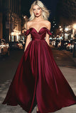 Burgundy A Line Off The Shoulder Long Satin Prom Dress