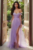 Lilac A Line Off The Shoulder Ruched Long Prom Dress With Beading