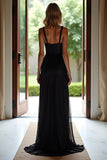 Sparkly Black A Line Spaghetti Straps Long Prom Dress With Sequins