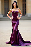 Bodycon Plum Strapless Corset Long Satin Prom Dress