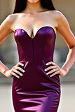 Bodycon Plum Strapless Corset Long Satin Prom Dress