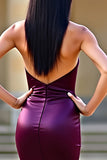 Bodycon Plum Strapless Corset Long Satin Prom Dress