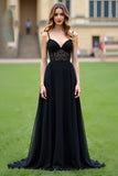 Black A Line Spaghetti Straps Long Prom Dress With Lace Appliques