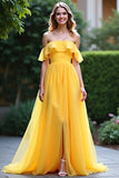 Yellow A Line Off The Shoulder Ruffled Long Prom Dress With Slit