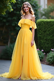 Yellow A Line Off The Shoulder Ruffled Long Prom Dress With Slit