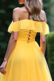 Yellow A Line Off The Shoulder Ruffled Long Prom Dress With Slit