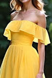 Yellow A Line Off The Shoulder Ruffled Long Prom Dress With Slit