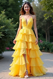 Yellow A Line Spaghetti Straps Long Ruffles Prom Dress with Slit