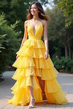 Yellow A Line Spaghetti Straps Long Ruffles Prom Dress with Slit