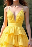 Yellow A Line Spaghetti Straps Long Ruffles Prom Dress with Slit