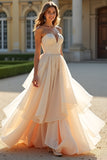 Champagne A Line Strapless Long Prom Dress With Ruffles