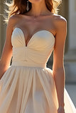 Champagne A Line Strapless Long Prom Dress With Ruffles