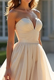 Champagne A Line Strapless Long Prom Dress With Ruffles