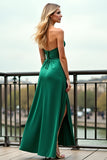 Dark Green A Line Spaghetti Straps Long Satin Prom Dress