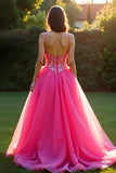 Sparkly Fuchsia A Line Spaghetti Straps Long Tulle Prom Dress With Sequins