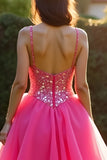 Sparkly Fuchsia A Line Spaghetti Straps Long Tulle Prom Dress With Sequins